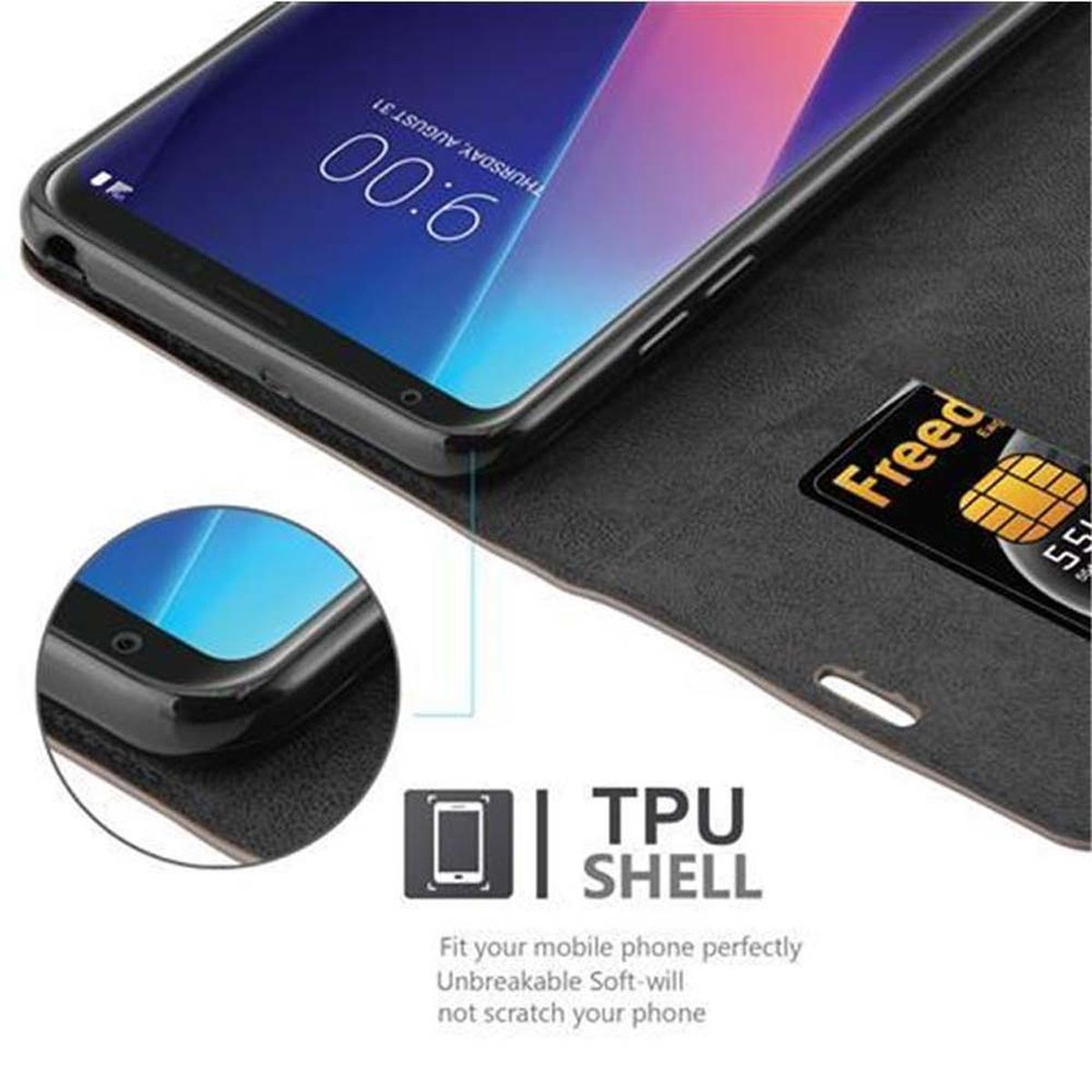 Handyhülle mit Telefon und Karte. Schwarze Hülle mit Telefon und Karte darin.