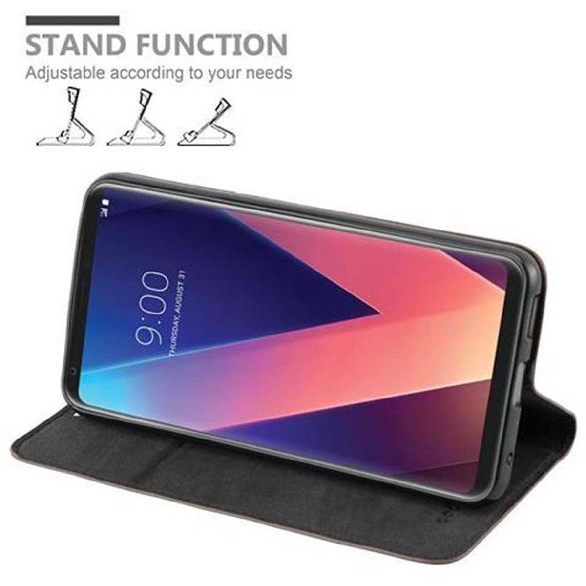 Telefon in einer Ständerhülle, die eine Digitaluhr anzeigt. Verfügt über eine verstellbare Standfunktion.