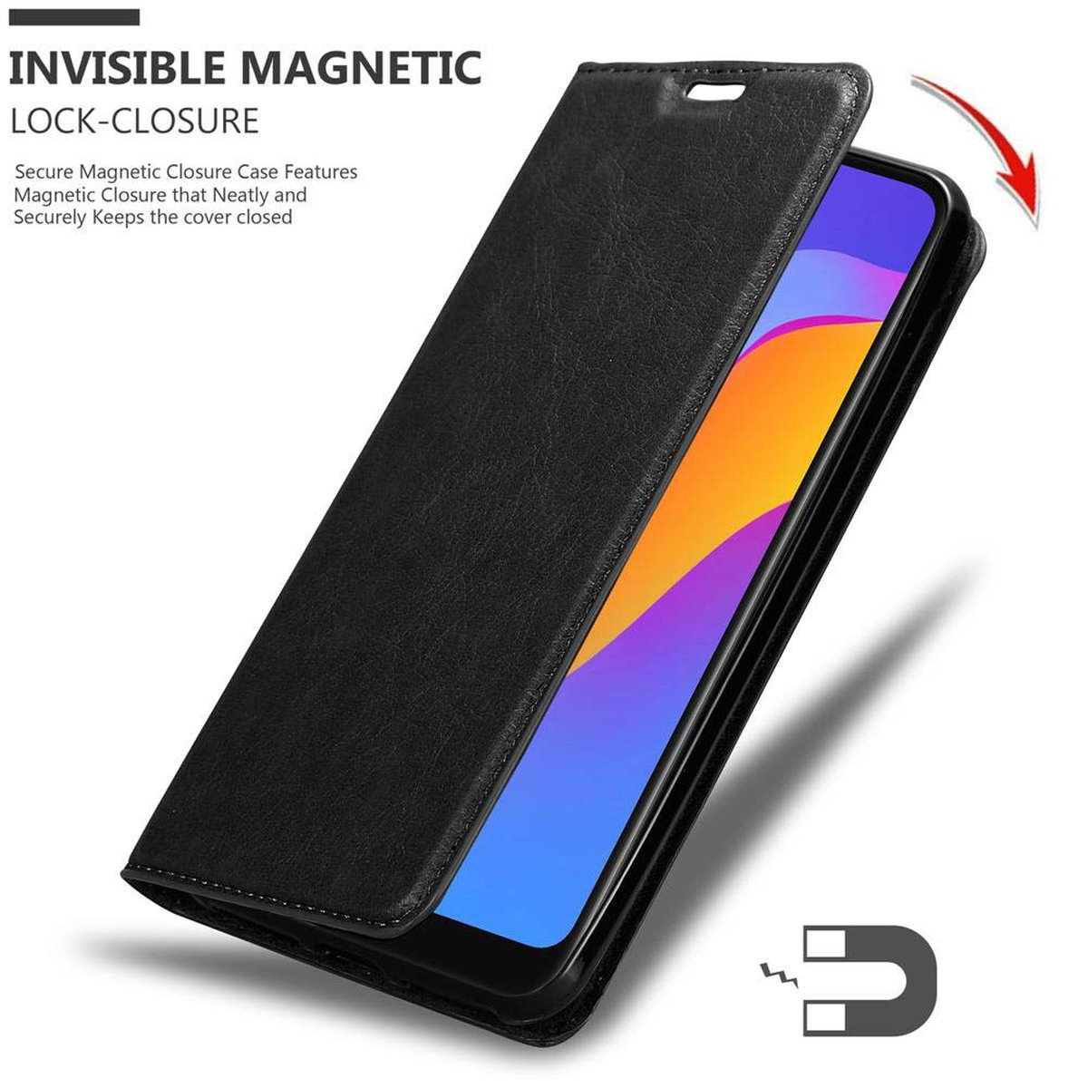 Eine schwarze Handyhülle mit Magnetverschluss. Das Telefon befindet sich darin und zeigt einen Bildschirm. Die Hülle ist auf weißem Hintergrund.