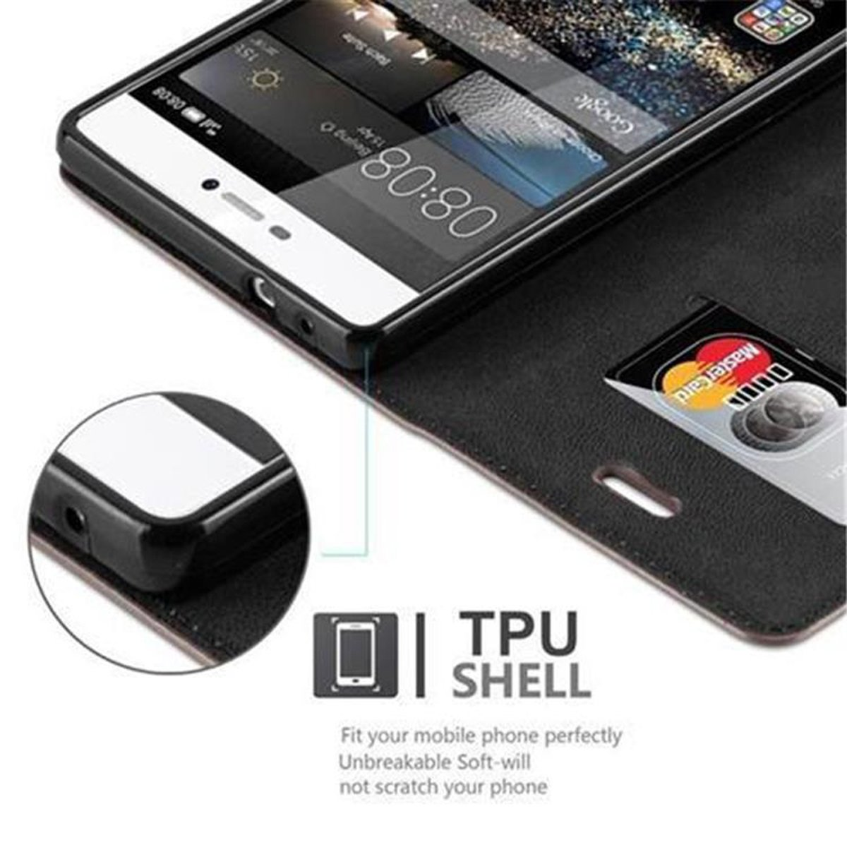 Teléfono en una funda con pantalla visible, mostrando la hora. Texto: TPU SHELL.