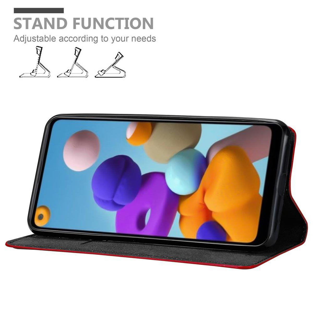 Handyhülle mit Telefon, farbiger Bildschirm. Standfunktion gezeigt. Weißer Hintergrund.