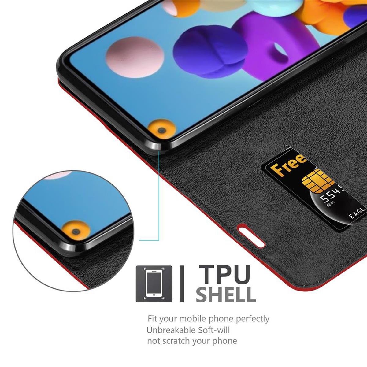 Telefon in einer Brieftasche mit Kartenfach und Karte. Der Bildschirm zeigt einen blau-orangen Hintergrund.