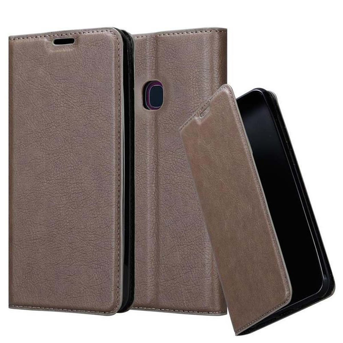 Una funda de teléfono marrón con un teléfono dentro. Está abierta, mostrando el teléfono y su pantalla.