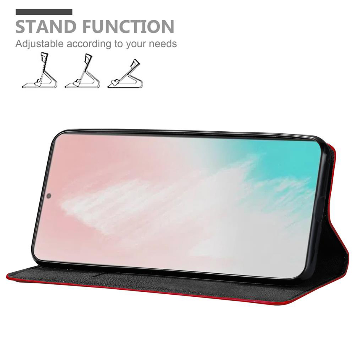 Telefon in roter Hülle, im Stand-Modus. Verschiedene Standfunktionsdiagramme werden gezeigt.