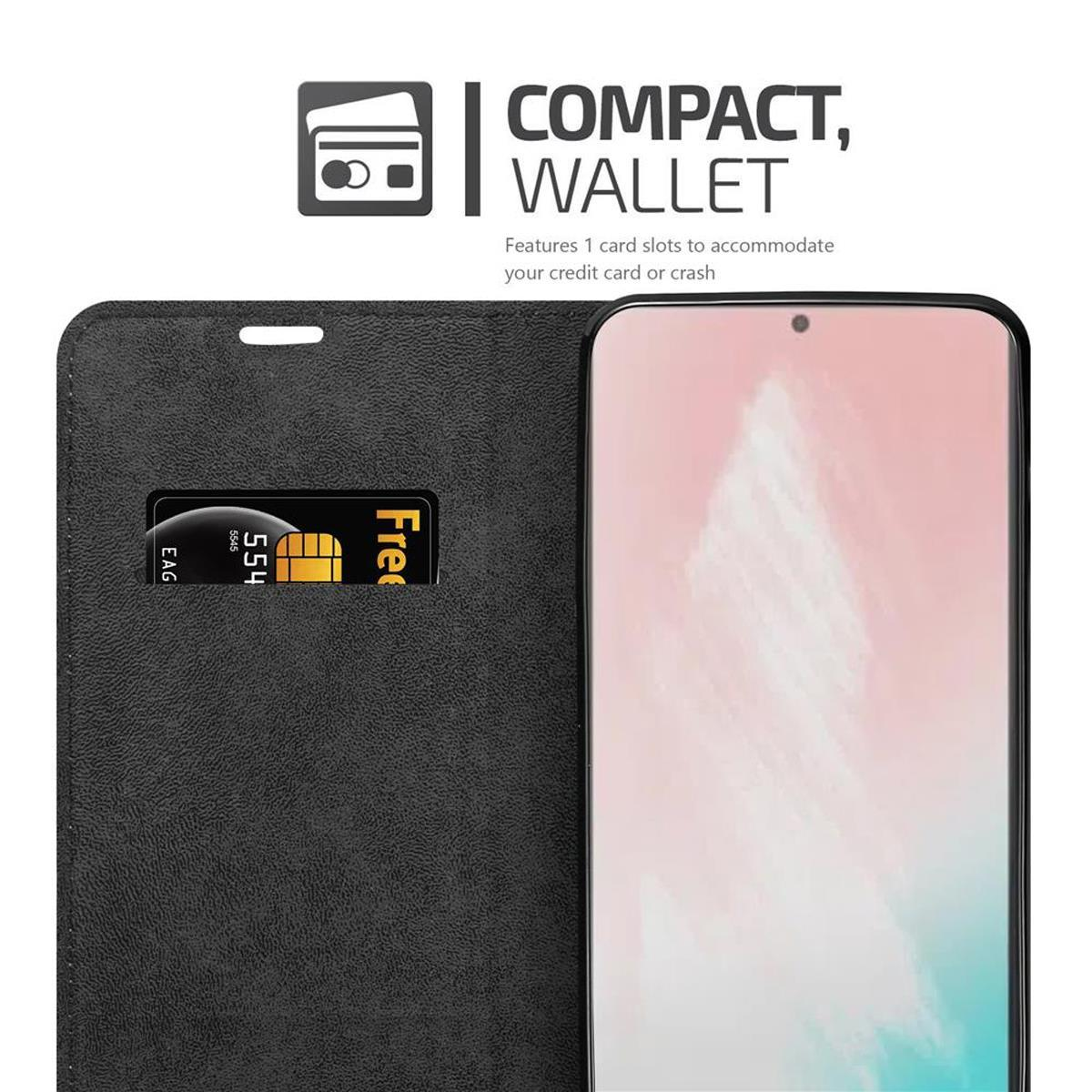 Custodia nera per telefono aperta. Fessura per carta di credito a sinistra, telefono a destra, testo COMPACT, WALLET sopra.