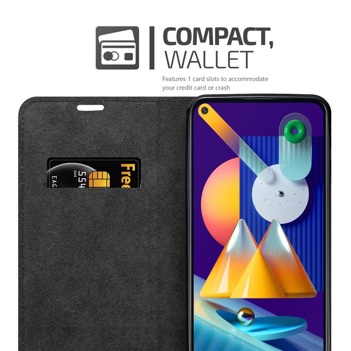 Eine schwarze Handyhülle ist geöffnet und zeigt ein Telefon und eine Kreditkarte. Text: 'Kompakt, Geldbörse'.