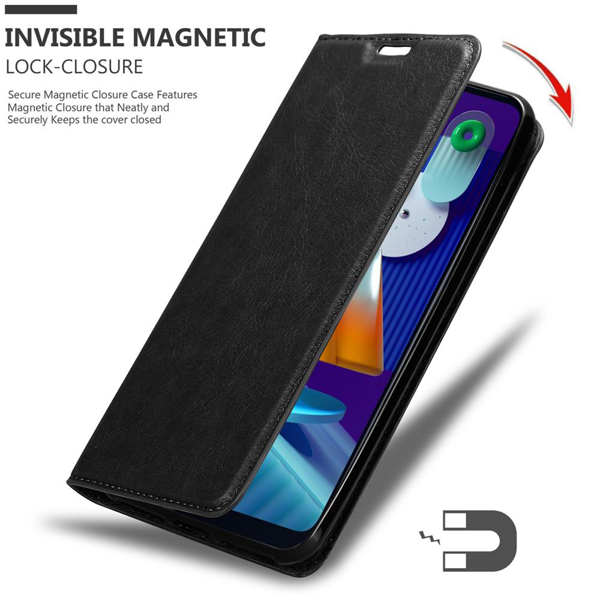 Eine schwarze Handyhülle mit Magnetverschluss, die das Telefon im Inneren und ein Magnetsymbol zeigt.