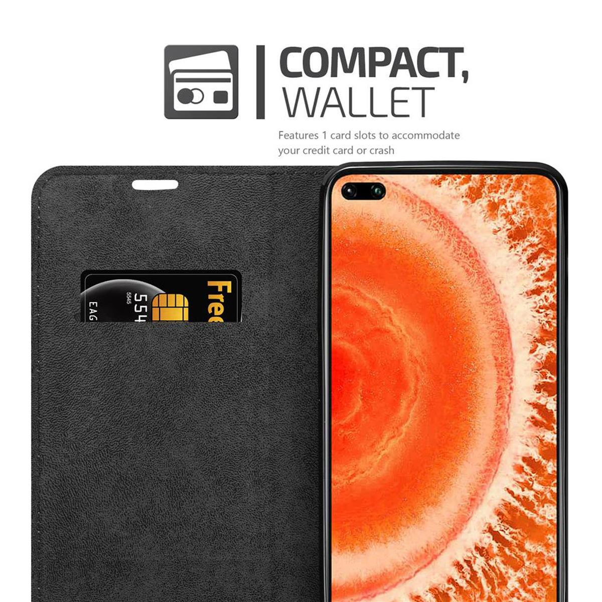 Una custodia per telefono nera con uno slot per schede e un telefono che mostra un'immagine arancione.
