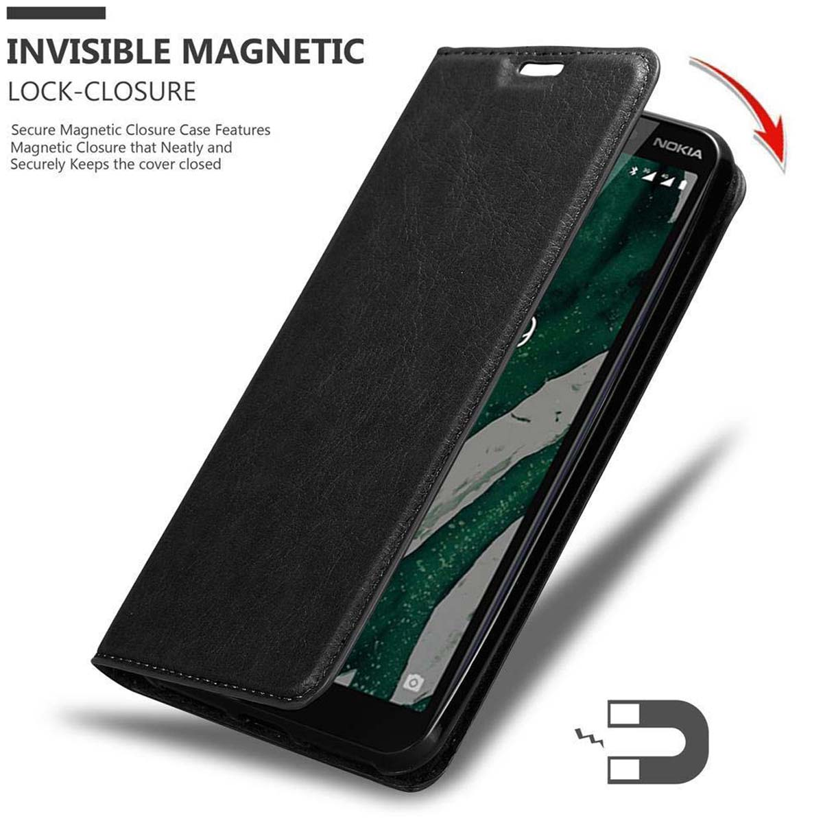 Custodia per telefono in pelle nera, aperta, che rivela un telefono Nokia. Funzione di blocco magnetico invisibile visibile.