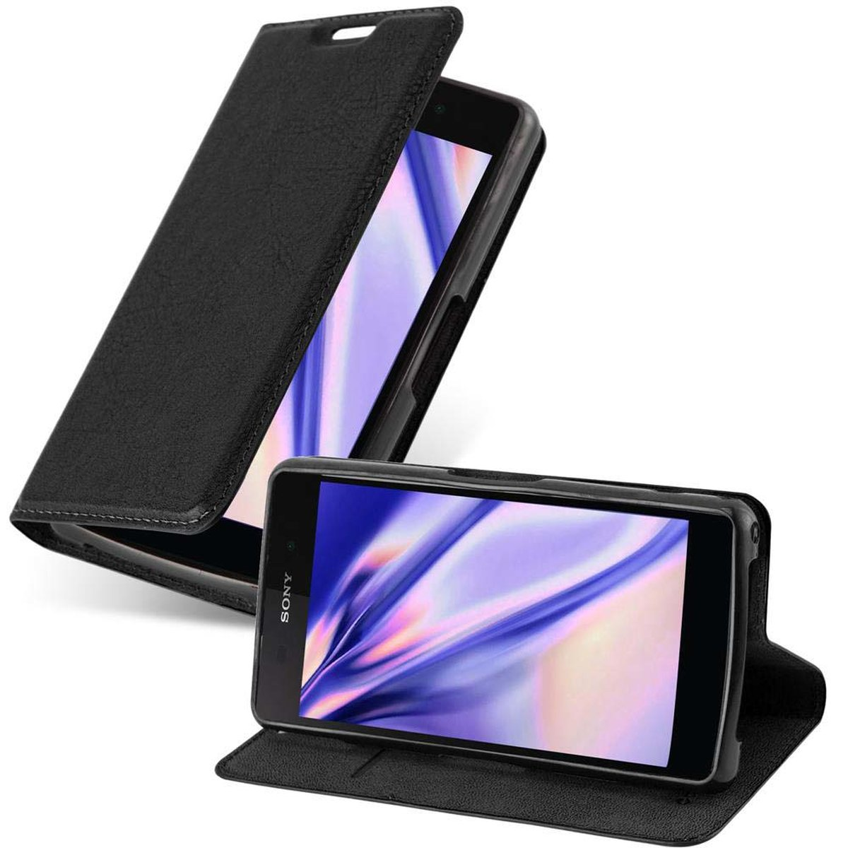 Dos fundas negras para teléfono, una abierta mostrando una pantalla de teléfono. La otra está cerrada.