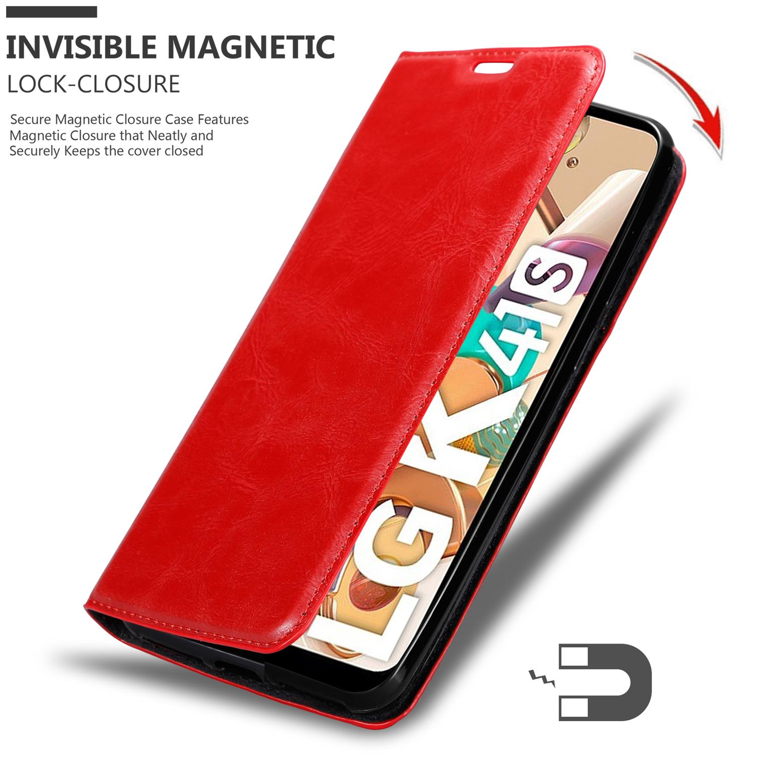 Custodia per telefono in pelle rossa aperta, che mostra il telefono. Grafica magnete in basso a destra.
