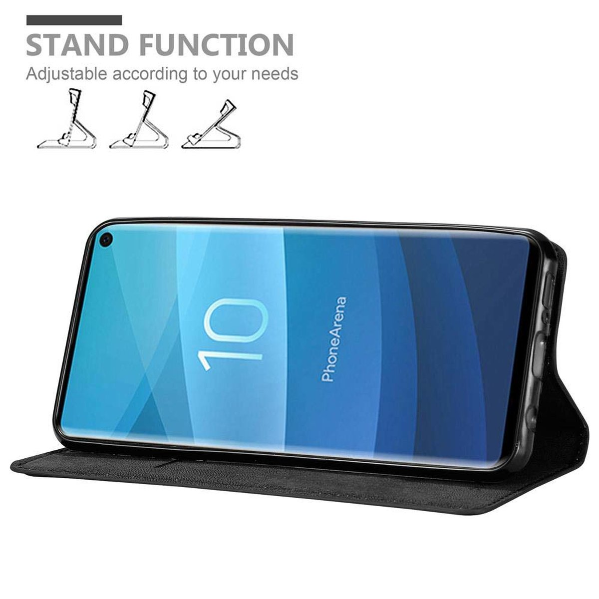 Smartphone in una custodia, con funzione stand, che mostra lo schermo del telefono.
