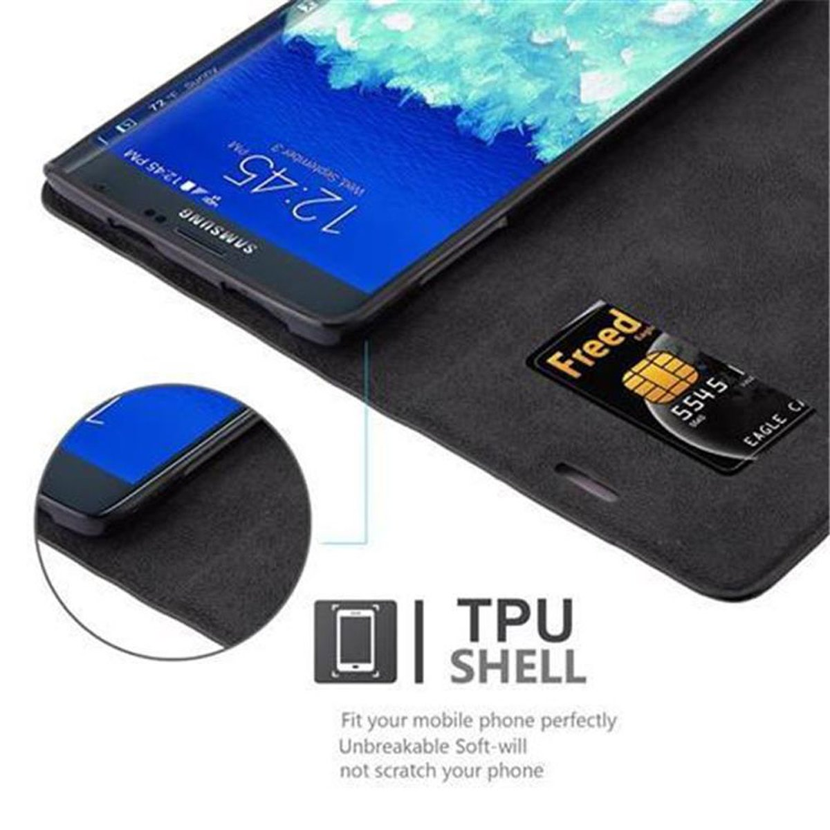 Telefon in einer Hülle im Brieftaschenstil. Kartenfächer und eine Karte sichtbar. Schwarze Hülle, Bildschirm an.
