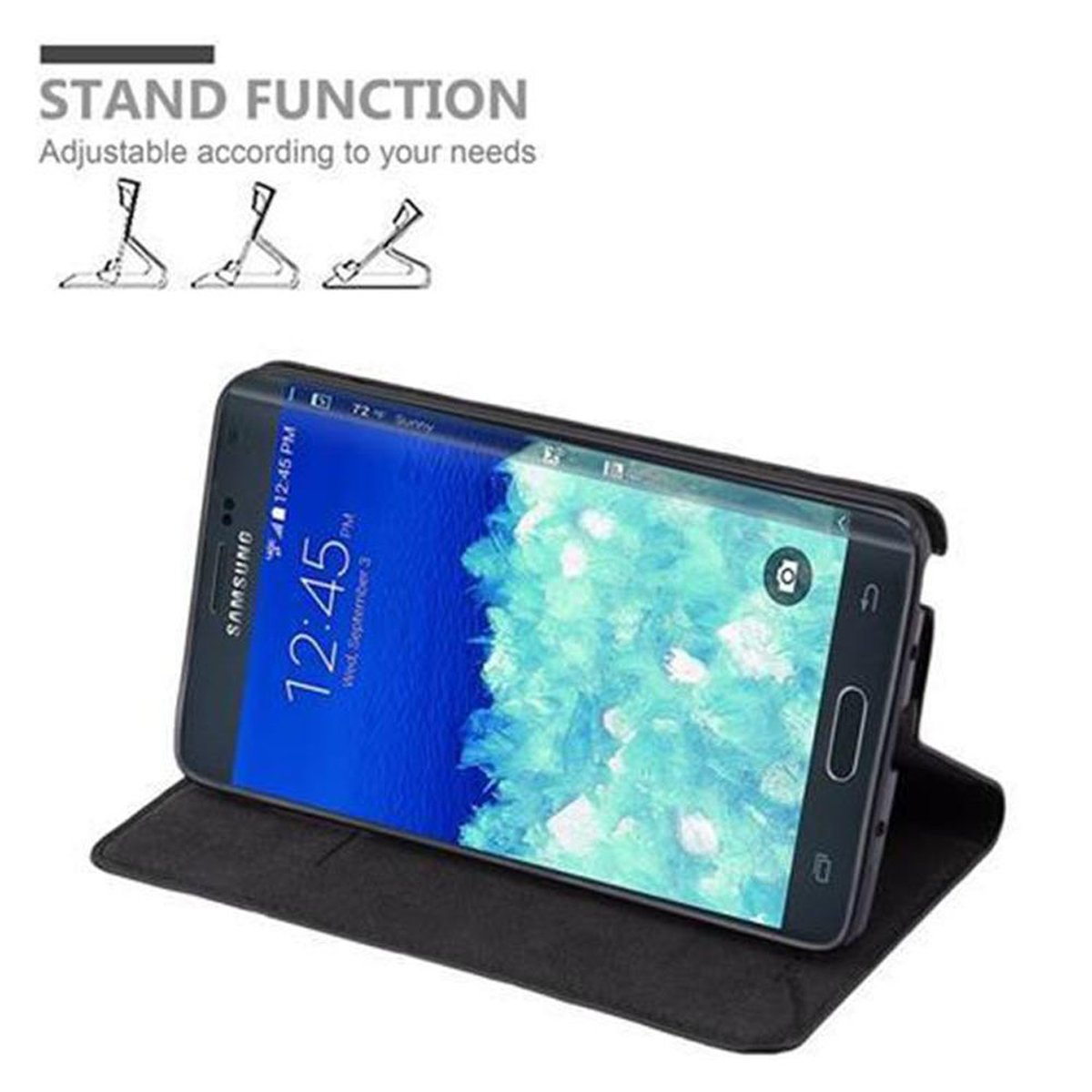 Telefon in geöffnetem Etui. Bildschirm zeigt Zeit und Datum. Standfunktionsdiagramme über dem Telefon.