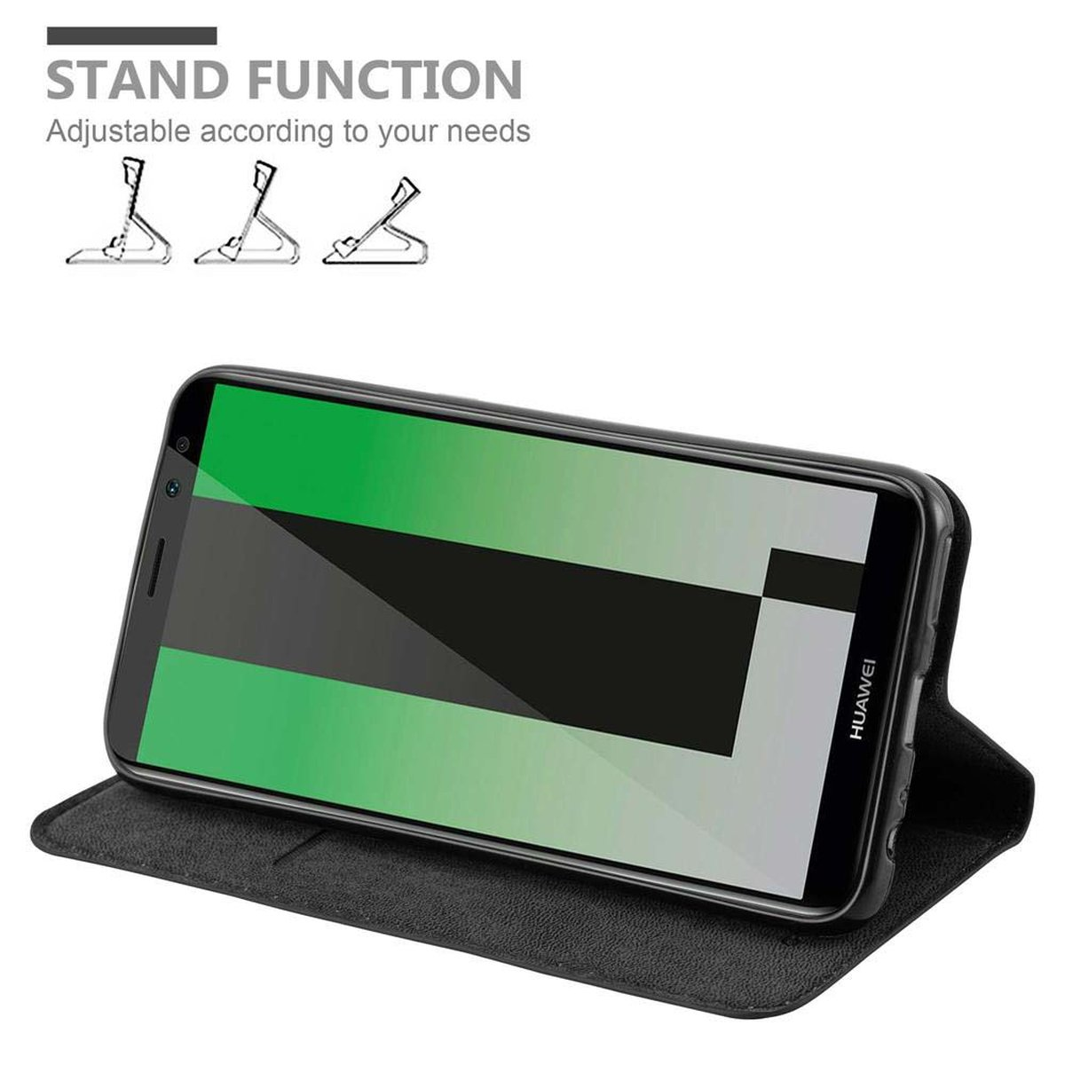 Schwarze Handyhülle mit Telefon darin, grüner Farbverlauf auf dem Bildschirm. Standfunktion mit einstellbaren Optionen.