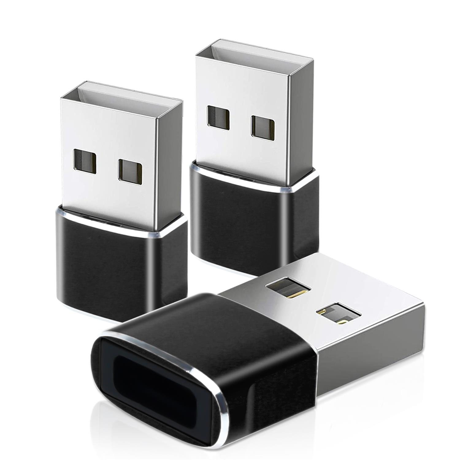 Drei schwarze und silberne USB-Adapter auf weißem Hintergrund. Sie sind rechteckig mit USB-Anschlüssen.