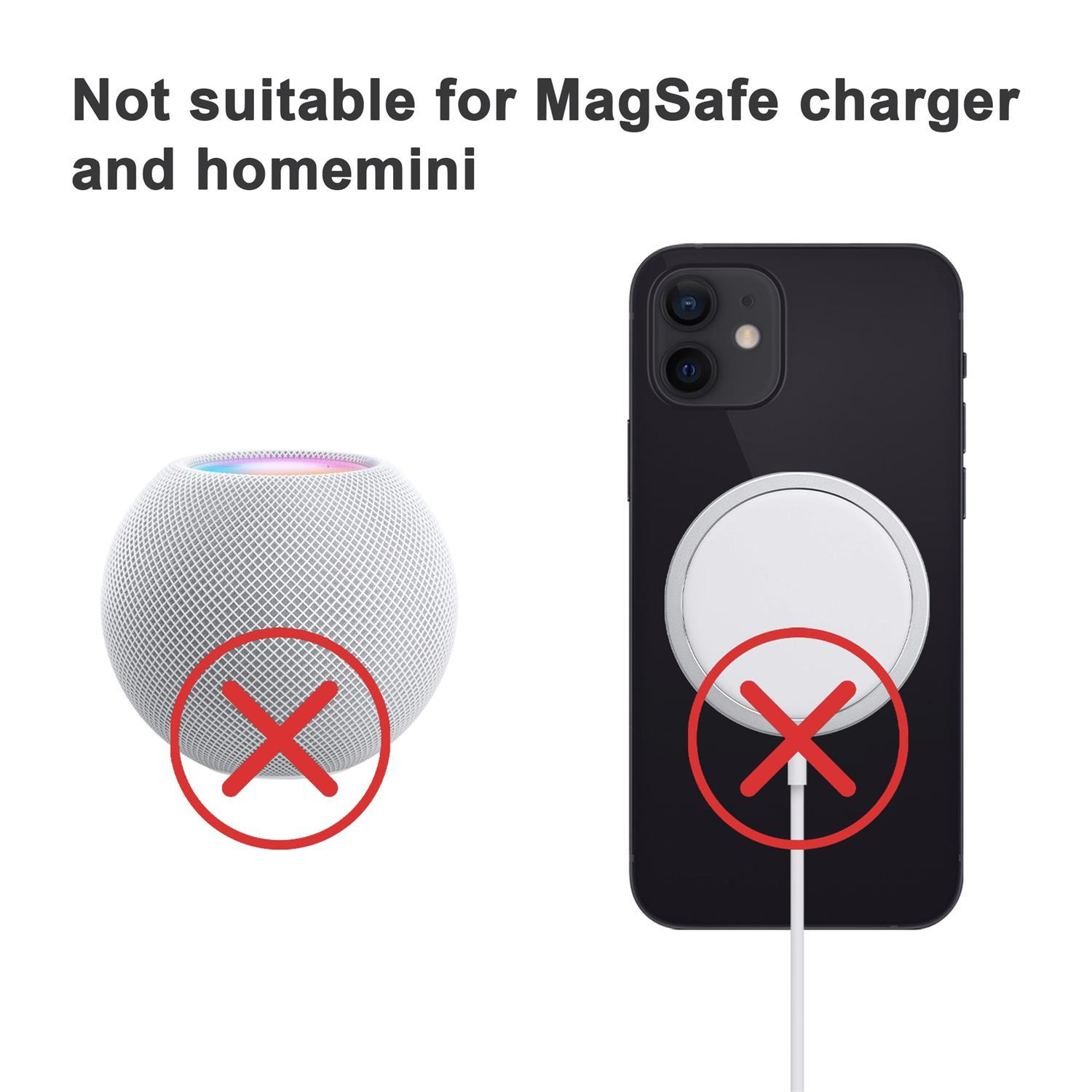 Apple HomePod y teléfono con cargador MagSafe, y una cruz roja que indica incompatibilidad.