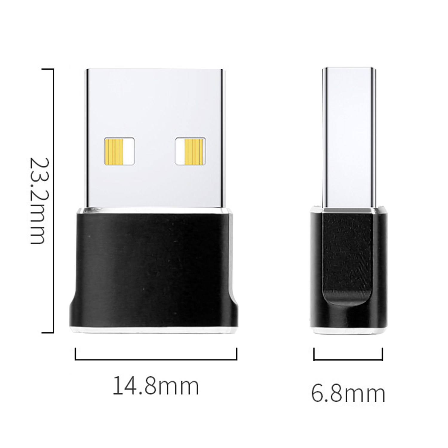 Adaptador USB negro con dimensiones mostradas.