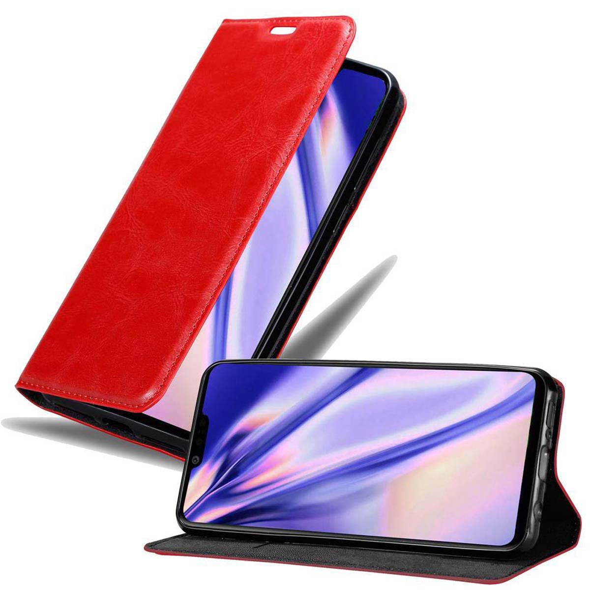 Eine rote Handyhülle, die ein Telefon mit Bildschirm zeigt, auf weißem Hintergrund. Die Oberseite ist offen.