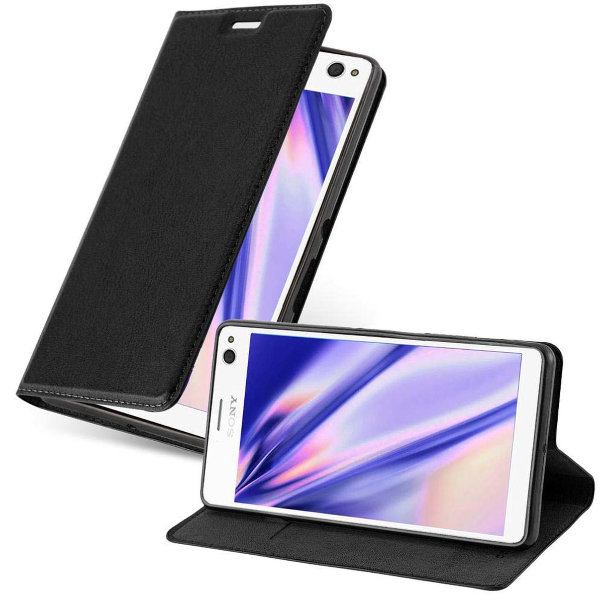 Funda de teléfono negra abierta, mostrando pantalla blanca. Otro teléfono en la funda abierta, ambos sobre fondo blanco.