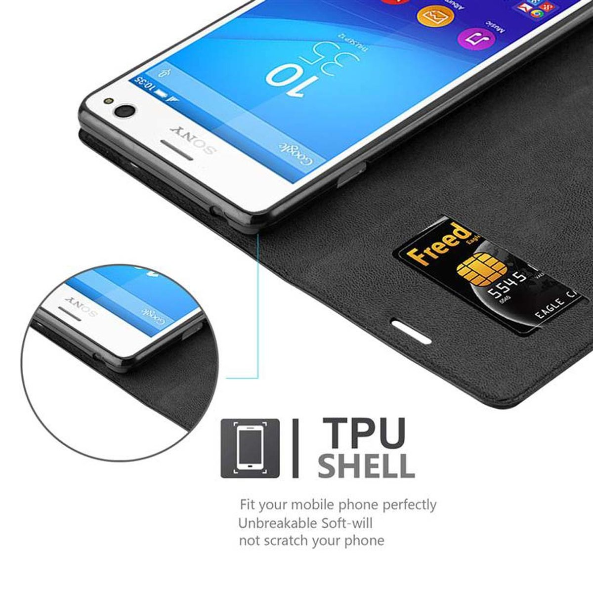 Un teléfono dentro de una funda negra, con una tarjeta de crédito en una ranura. La pantalla muestra.