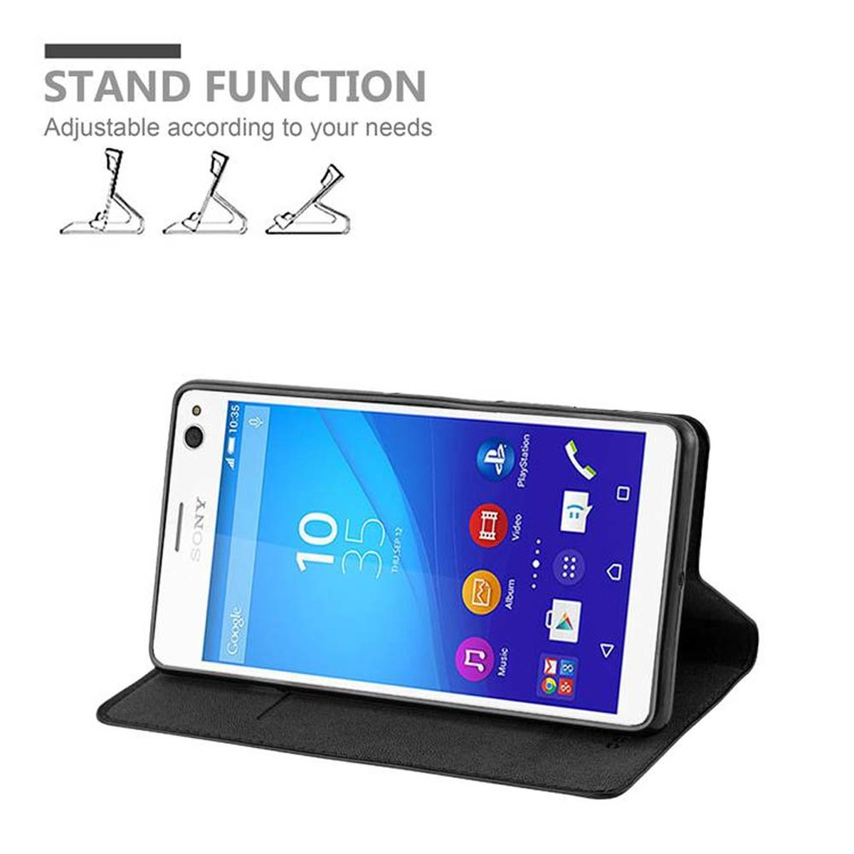 Funda negra con teléfono dentro. El teléfono muestra iconos y hora.