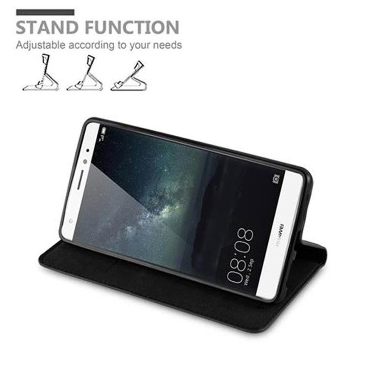 Telefon in schwarzer, offener Hülle, zeigt 08:08 Uhr an. Schwarze Hülle, weißer Bildschirm, auf Ständer. Huawei-Logo.