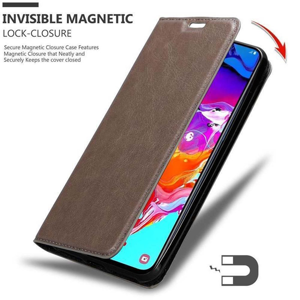 Braune Handyhülle, offen, mit magnetischem Verschluss.