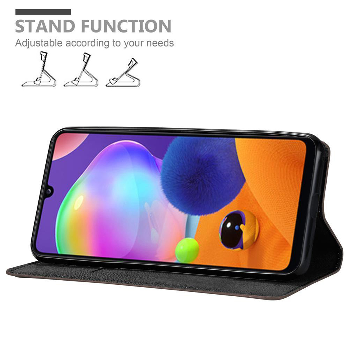 Ein Telefon in einer Lederhülle, offen und abgewinkelt, zeigt ein farbenfrohes Display.