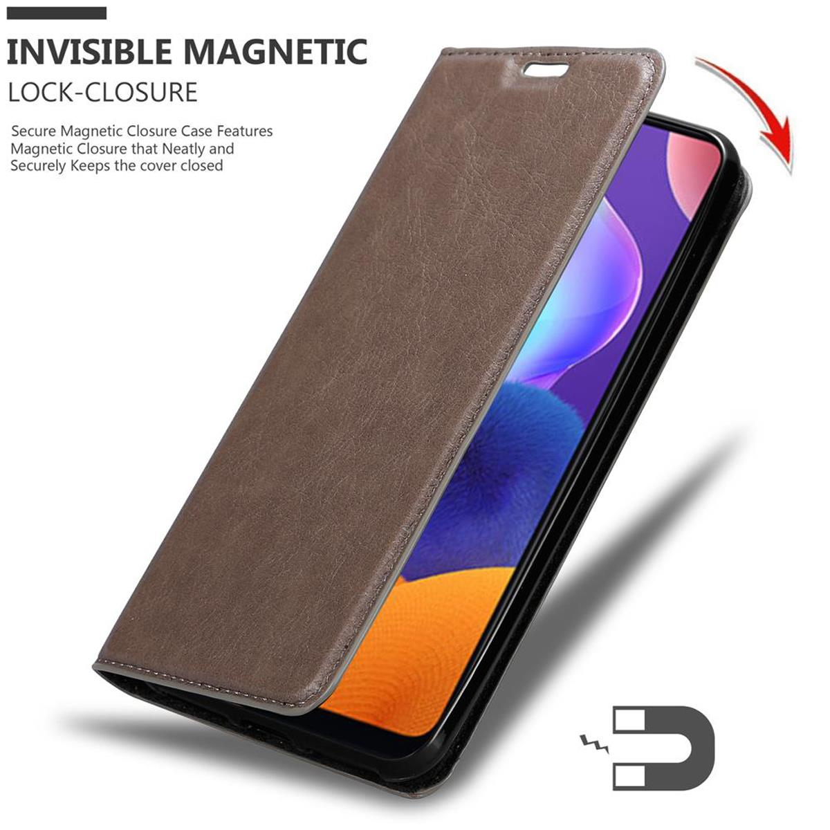 Braune Handyhülle, offen, mit Telefon und Magnetverschluss-Symbol.