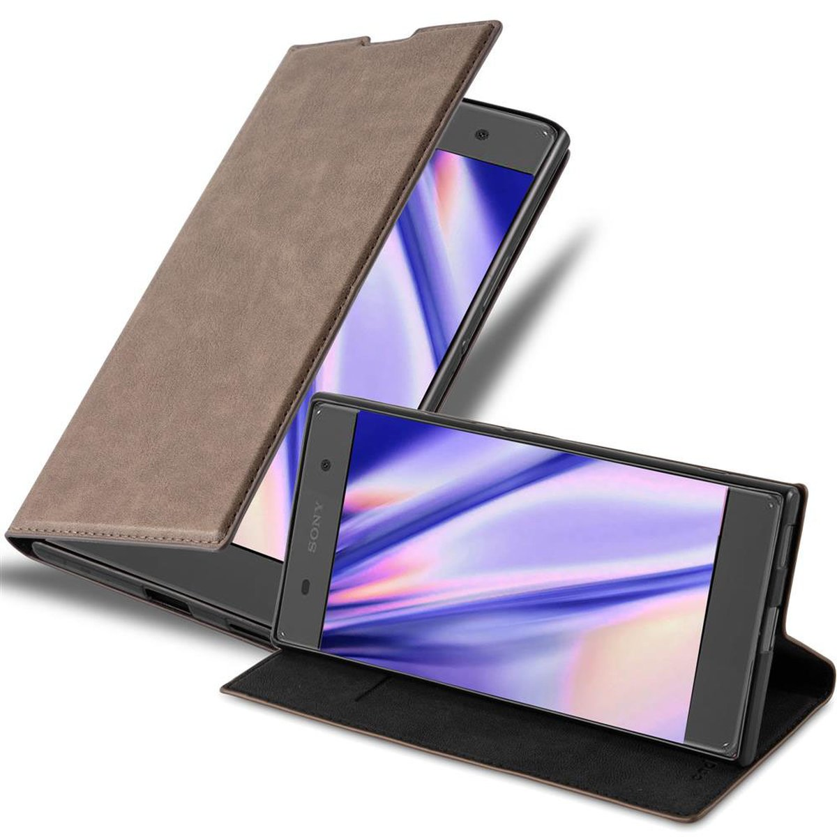Funda marrón para teléfono con teléfono dentro, frontal y trasera, sobre fondo blanco.