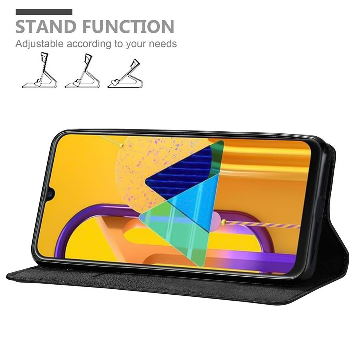 Schwarze Handyhülle mit einem Telefon, das ein farbenfrohes abstraktes Bild anzeigt, und Standfunktionsoptionen.