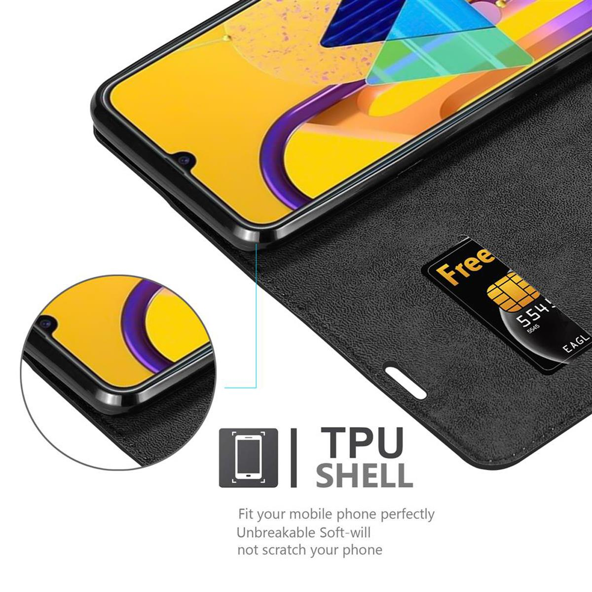 Schwarze Handyhülle mit Telefon, Kartenfach und TPU SHELL-Text. Telefonbildschirm sichtbar.