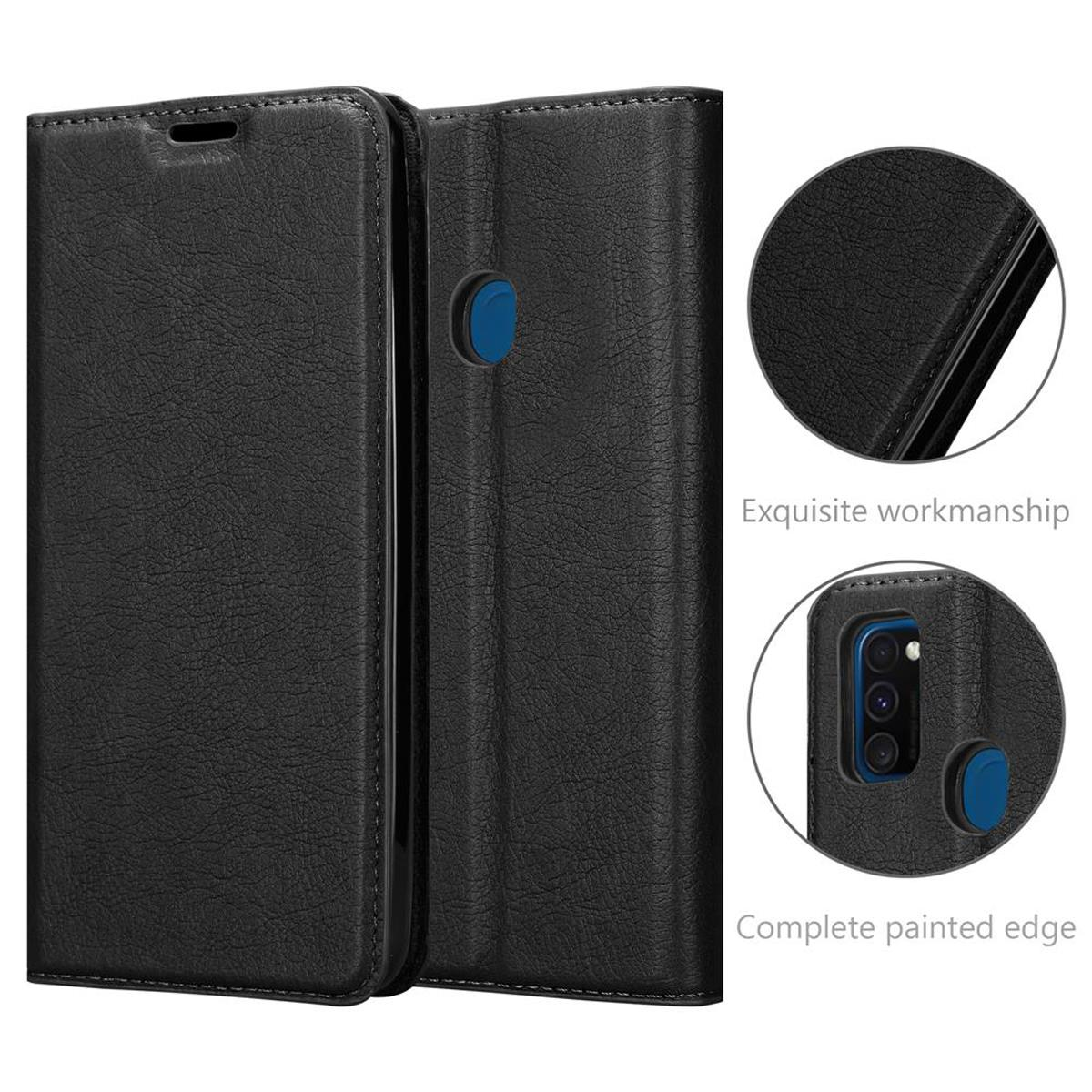 Schwarze Handyhülle geschlossen, geöffnet, um das Telefon freizugeben. Nahaufnahmen zeigen das Design und die Merkmale der Hülle.