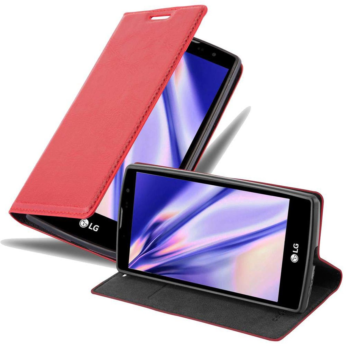 Dos fundas rojas, una abierta, revelando un teléfono negro. Las fundas están sobre una superficie blanca.