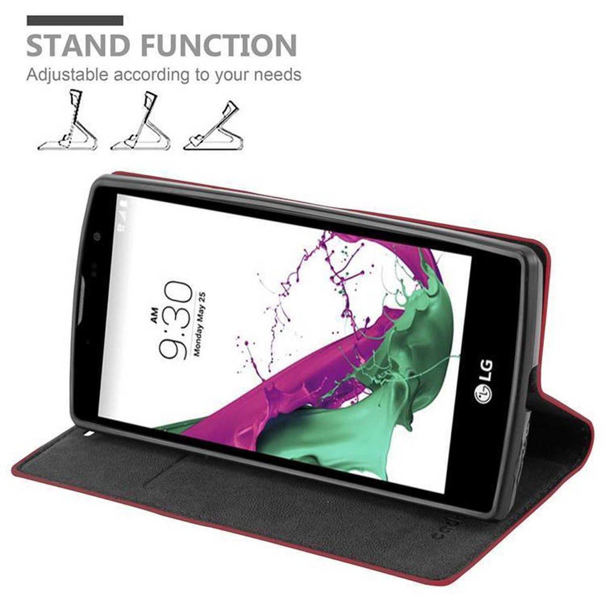Smartphone en funda, con función de soporte, sobre fondo blanco, hora mostrada.