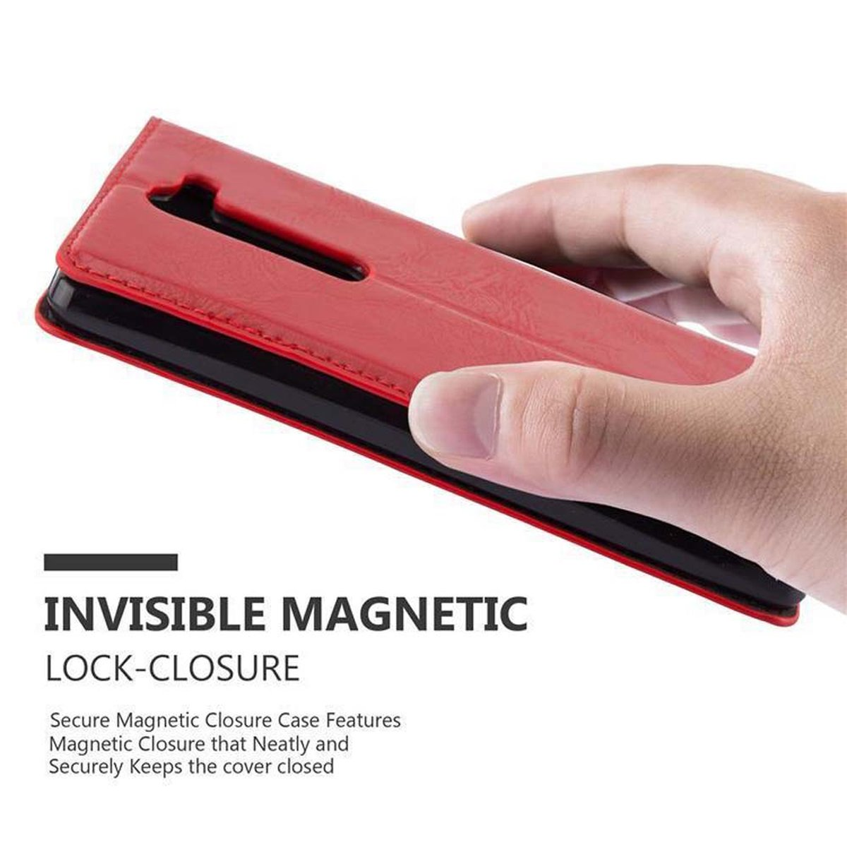 Una mano sosteniendo una funda roja con las palabras 'INVISIBLE MAGNETIC LOCK-CLOSURE'.