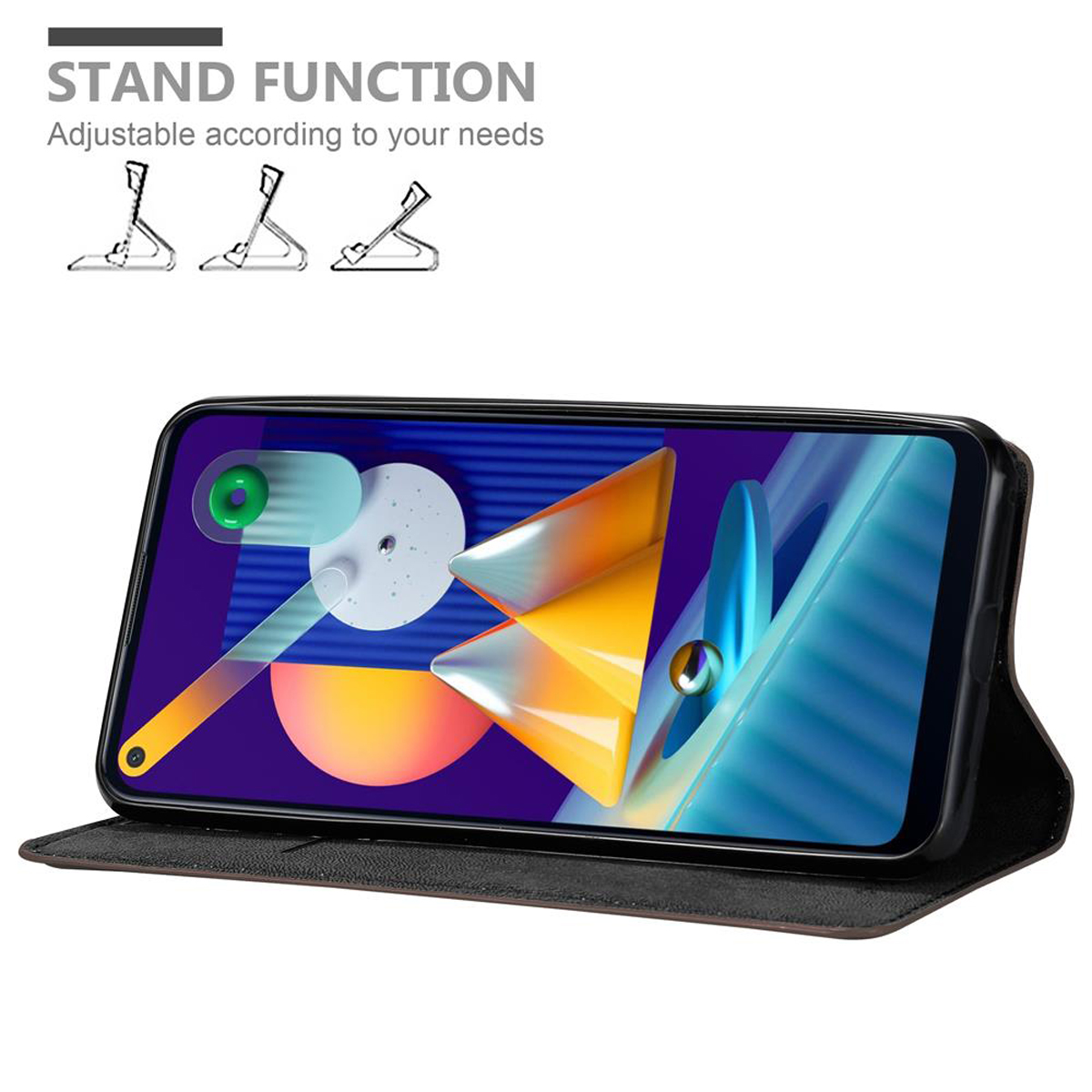 Telefono in custodia, che mostra lo schermo con funzione stand, con tre diverse posizioni.