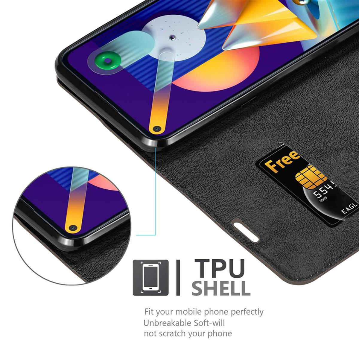 Custodia per telefono nera con telefono all'interno e carta di credito, con testo 'TPU SHELL'.