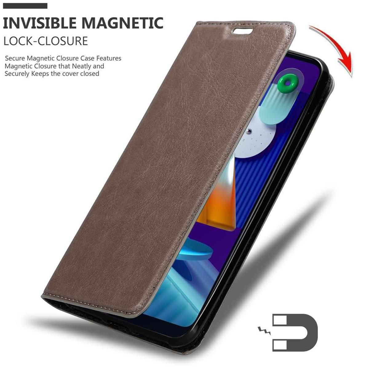 Custodia marrone aperta, mostra lo schermo. Chiusura magnetica e illustrazione magnete visibili.
