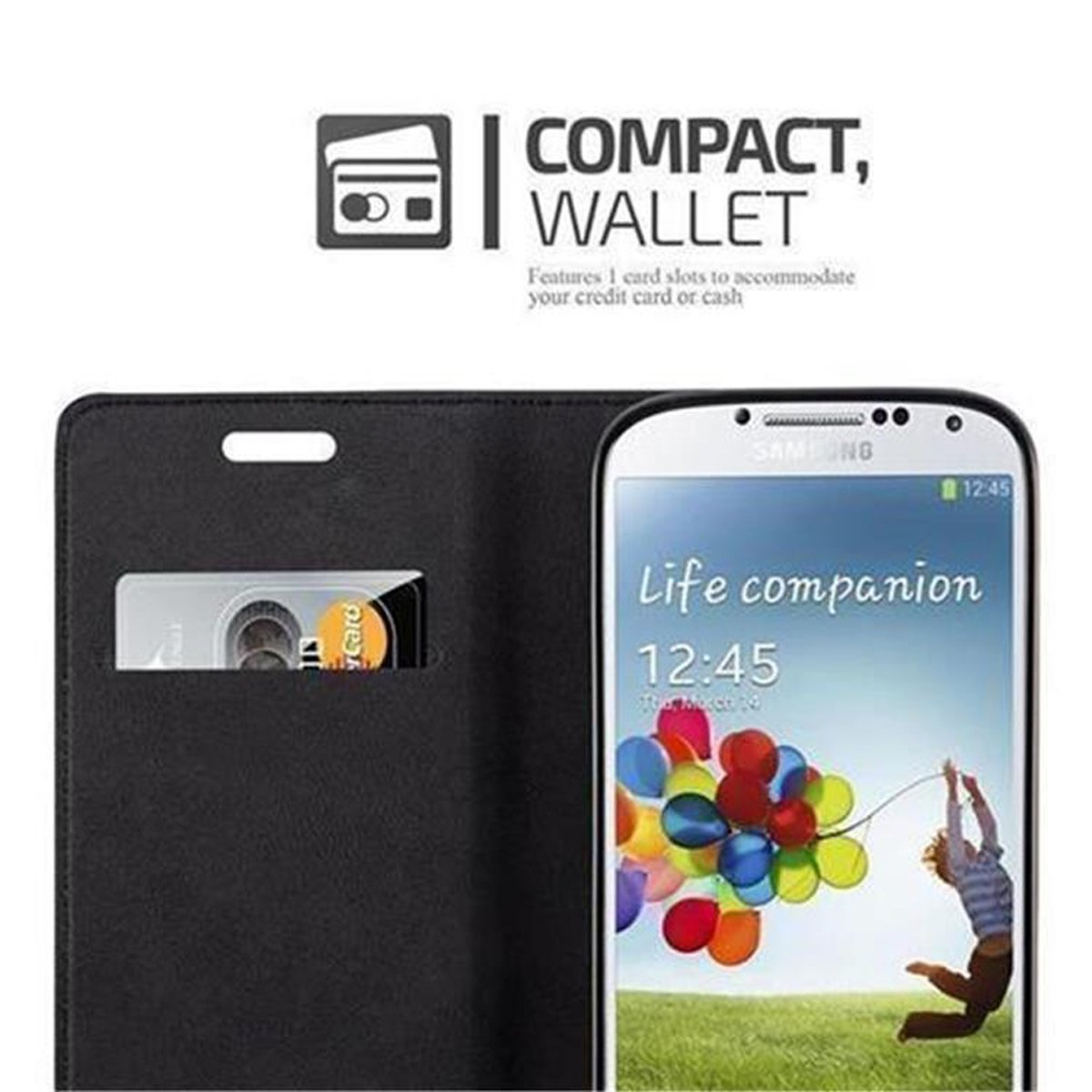 Funda de teléfono negra abierta, mostrando teléfono y ranura para tarjeta con tarjeta.