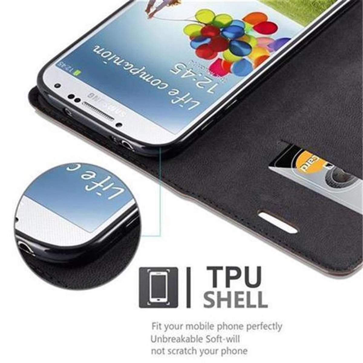 Un teléfono Samsung en una funda negra abierta, con texto e iconos. Hay una tarjeta visible.