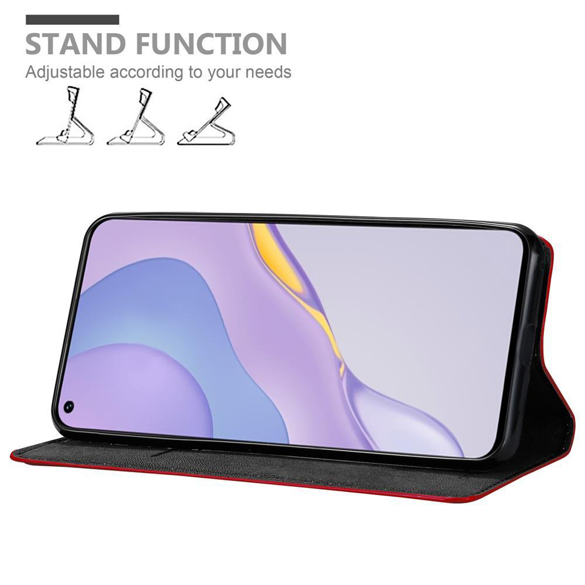 Telefono in una custodia rossa e nera, aperto che mostra lo schermo con illustrazioni della funzione stand.