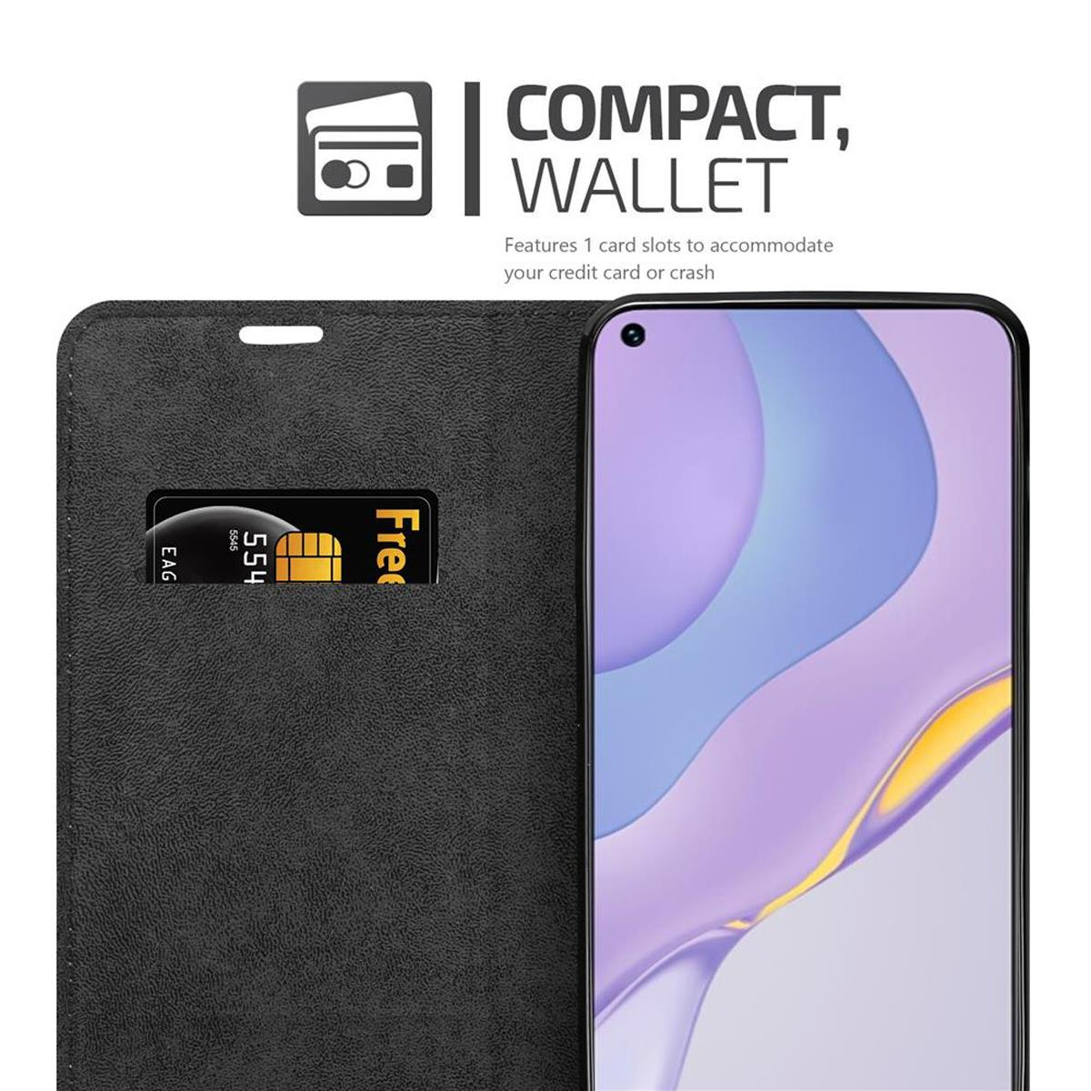 Custodia per telefono nera con telefono e carta di credito, il testo recita 'COMPACT WALLET'.