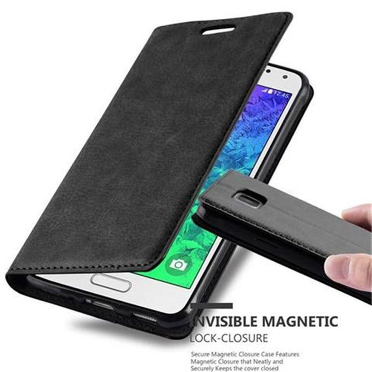 Teléfono negro dentro de una funda de cuero negro. La funda está abierta, revelando el teléfono.