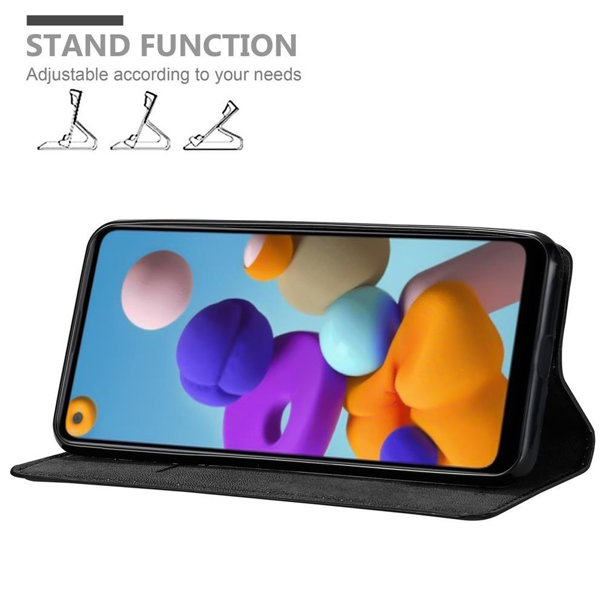 Ein Telefon, das abstrakte Formen anzeigt, in einer schwarzen Hülle, mit verstellbarer Stützfunktion.