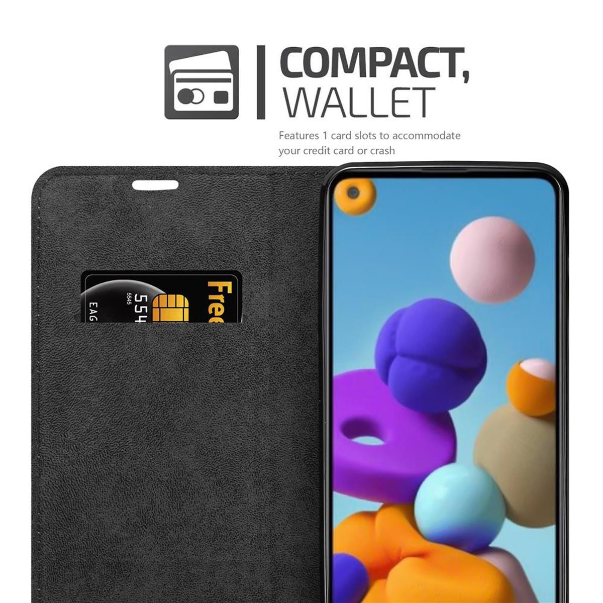 Telefon in geöffneter Folio-Hülle. Kreditkarte im Schlitz. Schwarze Hülle. Telefon zeigt bunte Formen.