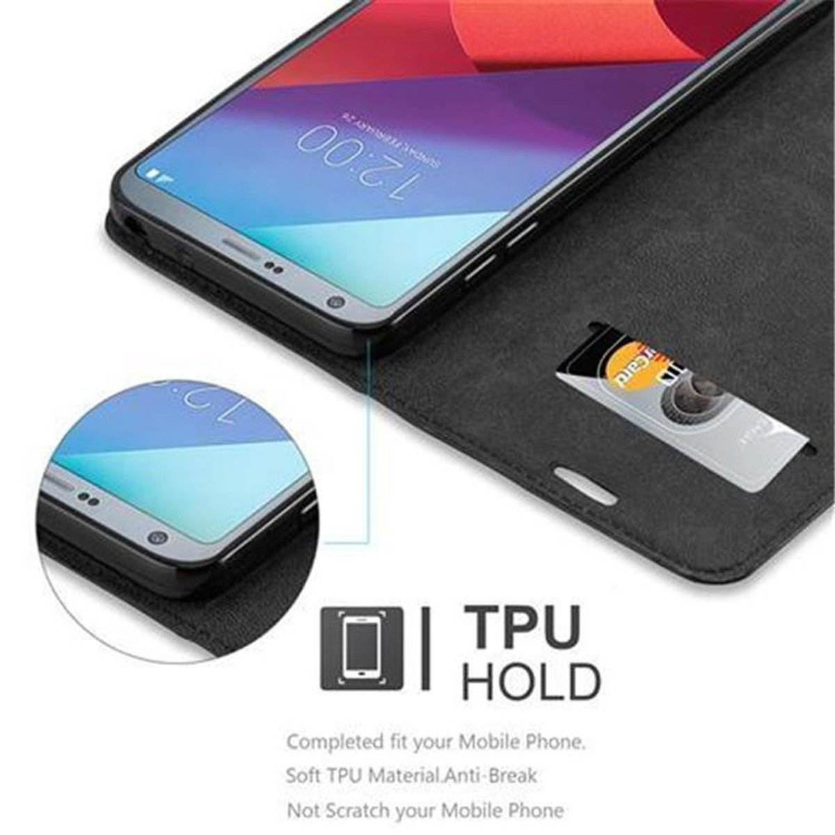 Telefono in custodia nera, aperto. Il testo recita: TPU HOLD. Mostra la vestibilità e i dettagli del telefono.