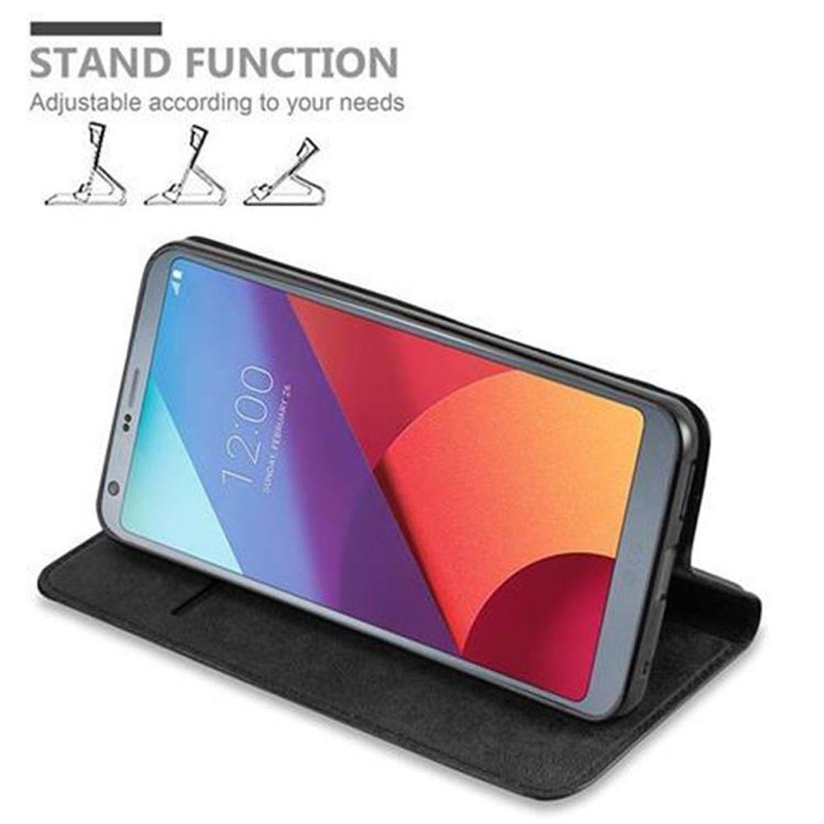 Telefono con custodia nera, in posizione stand. Visualizzazione dello schermo con sfondo colorato.