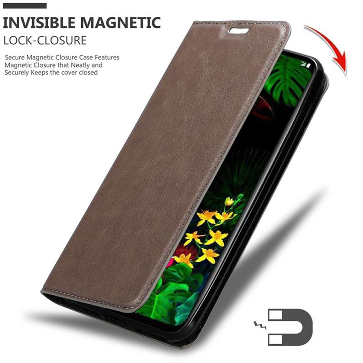 Custodia marrone per telefono aperta, rivela un telefono nero. Chiusura magnetica mostrata. Fiori sullo schermo.